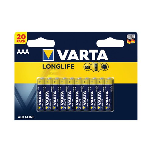 Varta Longlife is a long lasting battery for low drain devices. Suitable for remote controls for televisions and music systems, wall clocks and radios, it offers long lasting energy with constant and low energy consumption. With guaranteed storage time of 10 years, this battery blister pack contains twenty batteries and provides clear communication of usage with pictograms on the pack. Designed with a 'single press out', the pack enables easy opening and stores unused batteries.