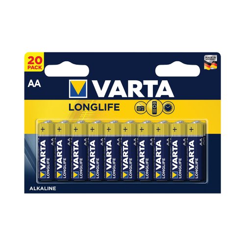 Varta Longlife is a long lasting battery for low drain devices. Suitable for remote controls for televisions and music systems, wall clocks and radios, it offers long lasting energy with constant and low energy consumption. With guaranteed storage time of 10 years, this battery blister pack contains twenty batteries and provides clear communication of usage with pictograms on the pack. Designed with a 'single press out', the pack enables easy opening and stores unused batteries.