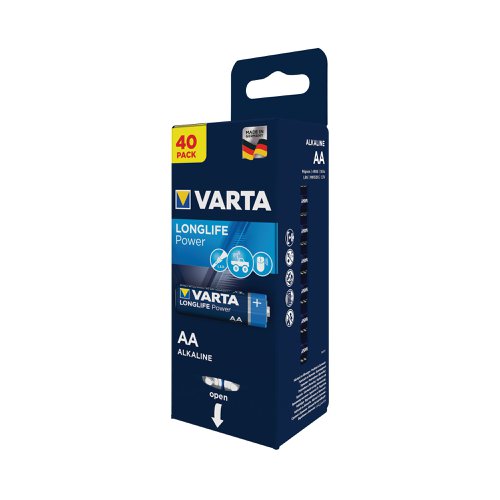 Varta Longlife Power is a powerful battery for power hungry devices. Suitable for battery operated toys, wireless mice and flashlights, etc., it offers powerful energy with a guaranteed storage time of 10 years. This battery pack contains forty batteries and provides clear communication of usage with pictograms on the pack. Supplied in a compact and convenient storage box displaying the contents through a side cut-out window.