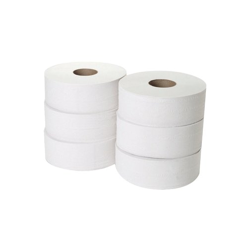 WX00065 | These jumbo toilet rolls are soft on your skin and long lasting, for less frequent replacement. The sheets are 2 ply for higher strength and absorbency and each roll measures 300 metres for long lasting use. The jumbo size can be used in a dispenser and is suitable for use in busy washrooms with high traffic. This pack contains 6 white rolls.