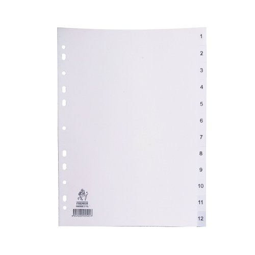 WX01354 | This 12-part numbered polypropylene index is a hard-wearing but affordable choice for organising your files. Made from strong, wipe-clean plastic, these dividers are multi-punched to fit almost any A4 ring binder or lever arch file. Divided into 12 parts - pre-printed with numbers 1-12 - it's a functional product that's ideal for organising files by month.