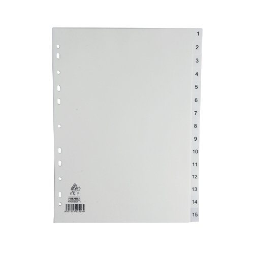 WX01355 | This 15-part numbered polypropylene index is a hard-wearing but affordable choice for organising your files. Made from strong, wipe-clean plastic, these dividers are multi-punched to fit almost any A4 ring binder or lever arch file. Divided into 15 parts - pre-printed with numbers 1-15 - it's a functional product that's ideal for organising files in your home or office. There's even an index page for creating your own at-a-glance overview of your files.