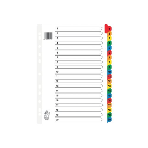 WX01521 | With these bright and attractive 20-part Mylar-reinforced index dividers, you can start to get a handle on all those odd papers that get left lying around. Each divider is made from sturdy manilla, and the multi-coloured tabs are Mylar-coated for long-lasting durability and pre-printed 1-20 - great for tidy numerical filing. They're multi-punched to fit almost any A4 ring binder or lever arch file.