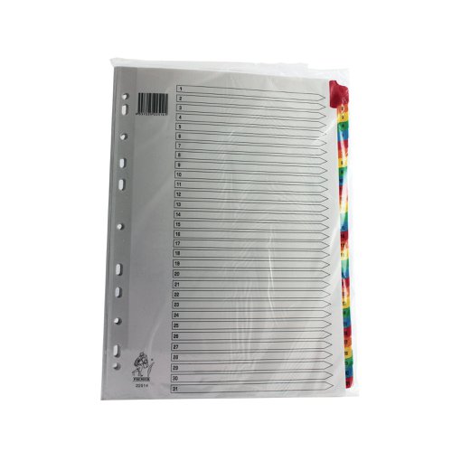 WX01522 | With these bright and attractive 31-part Mylar-reinforced index dividers, you can start to get a handle on all those odd papers that get left lying around. Each divider is made from sturdy manilla, and the multi-coloured tabs are Mylar-coated for long-lasting durability and pre-printed 1-31 - great for tidy filing by day or date. They're multi-punched to fit almost any A4 ring binder or lever arch file.