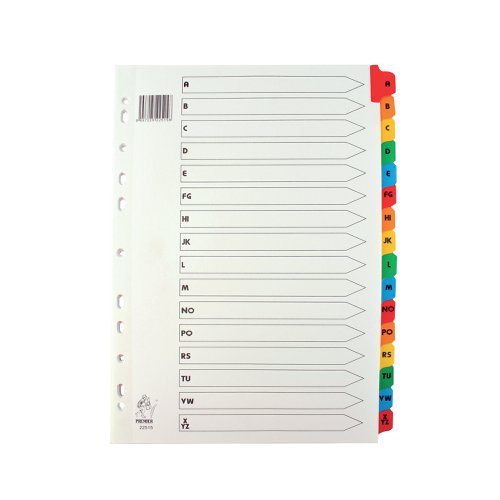 WX01523 | With these bright and attractive A-Z Mylar-reinforced index dividers, you can start to get a handle on all those odd papers that get left lying around. Each divider is made from sturdy manilla, and the multi-coloured tabs are Mylar-coated for long-lasting durability and pre-printed A-Z - great for alphabetical filing. They're multi-punched to fit almost any A4 ring binder or lever arch file.