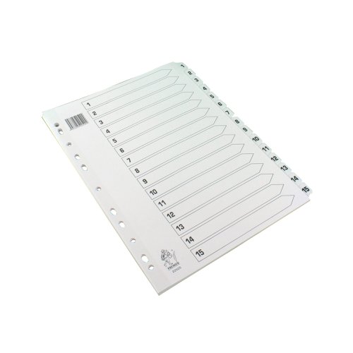 WX01530 | With these clean white 15-part Mylar-reinforced index dividers, you can start to get a handle on all those odd papers that get left lying around. Each divider is made from sturdy manilla, and the matching white tabs are Mylar-coated for long-lasting durability and pre-printed 1-15 - great for tidy numerical filing. They're multi-punched to fit almost any A4 ring binder or lever arch file.