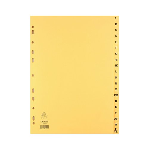 WX26011 | This 20-part A-Z index is an affordable way to organise your ring binders. This simple and practical design is multi-punched to fit almost any A4 ring binder or lever arch file. Divided into 20 parts - pre-printed with A-Z labels - and made from attractive buff manila, it's a functional product that's ideal for organising files alphabetically. There's even an index page for creating your own at-a-glance overview of your files.