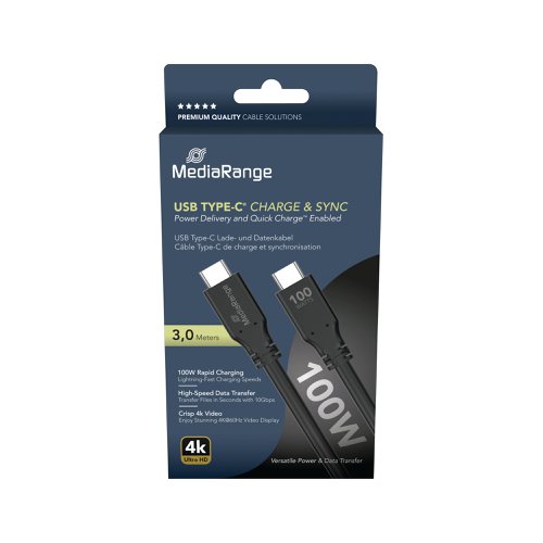 MediaRange Cables are designed with the latest technology to meet your charging and syncing needs. USB-C is the future of charging and data transfer. Expect fast charging, high-speed data transfer and durable design that will stand the test of time. Our USB Type-C Charge and sync cables are perfect for fast and efficient charging and syncing of your devices, and supporting USB-C Power Delivery 3.0, Quick Charge 3.0 and PPS making it compatible with a wide range of devices. The built-in E-Mark chip, ensuring optimal performance and highest safety during charging. With a USB 3.2 Gen 1x2 data transfer rate of up to 10 Gbit/s, you can quickly transfer large files and sync your devices in no time. This cable can handle up to 100W of power, making it ideal for charging laptops, tablets and other high-power devices.