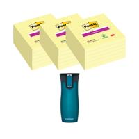 Post-It Super Sticky 101x101mm Lined Yellow 3x6 Pads (Pack of 18) + FOC Contigo Travel Mug