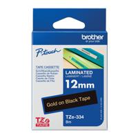 Brother P-Touch TZe Laminated Tape Cassette 12mm x 8mm Gold on Black Tape TZE334