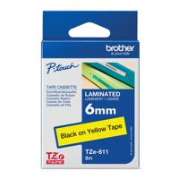 Brother P-Touch TZe Laminated Tape Cassette 6mm x 8m Black on Yellow Tape TZE611