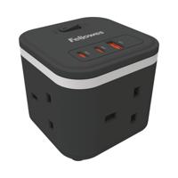 Fellowes Power Cube Type G UK/IE 3 Sockets 1 USB-A + 2 USB-C Ports Black 100136979