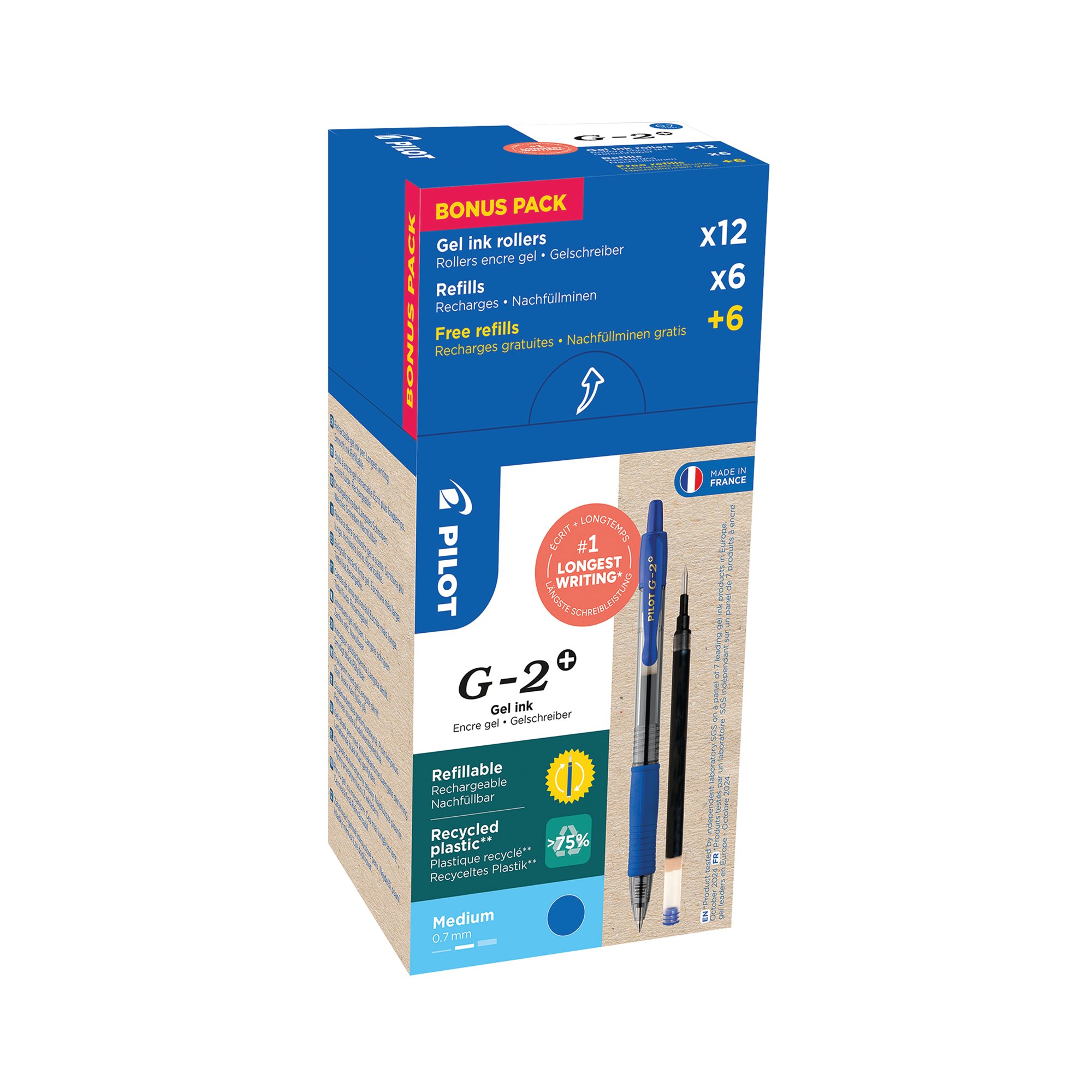 Pilot G-2 Plus Begreen Greenpack Gel Ink Rollerball Medium Blue with 6 Refills (Pack of 12) WLT55618