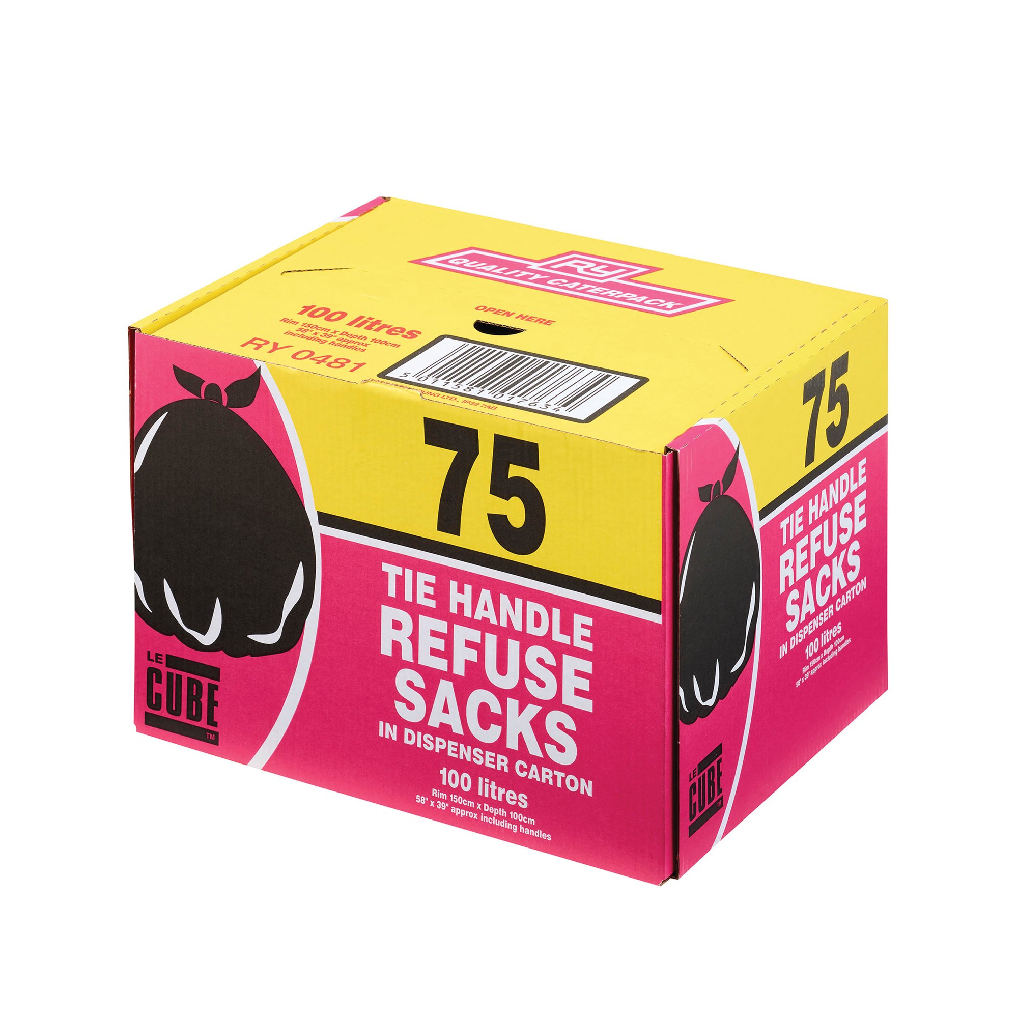 Le Cube Tie Handle Refuse Sacks with Dispenser 100 Litre Black (Pack of 75) 0481