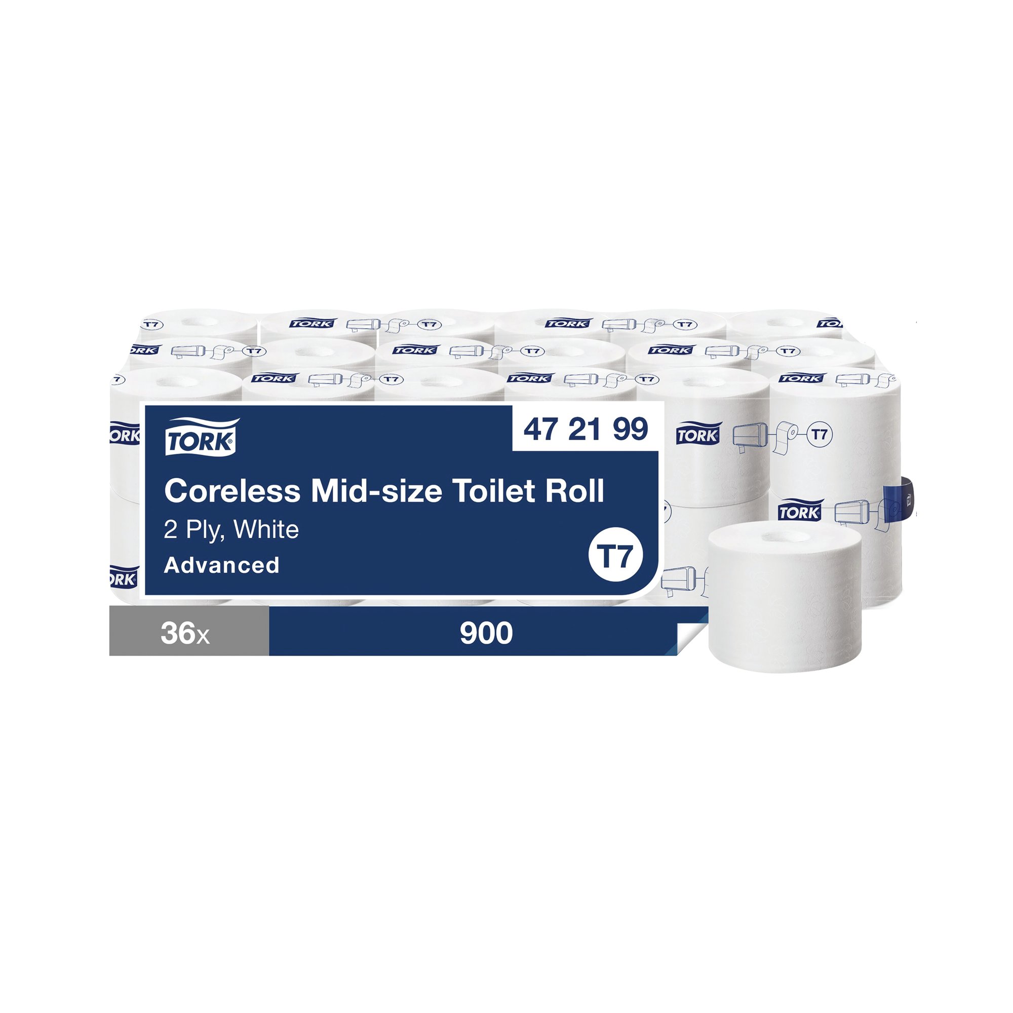 Tork T7 Coreless Mid-Size Toilet Roll Advanced 2-Ply White 900 Sheets (Pack of 36) 472199