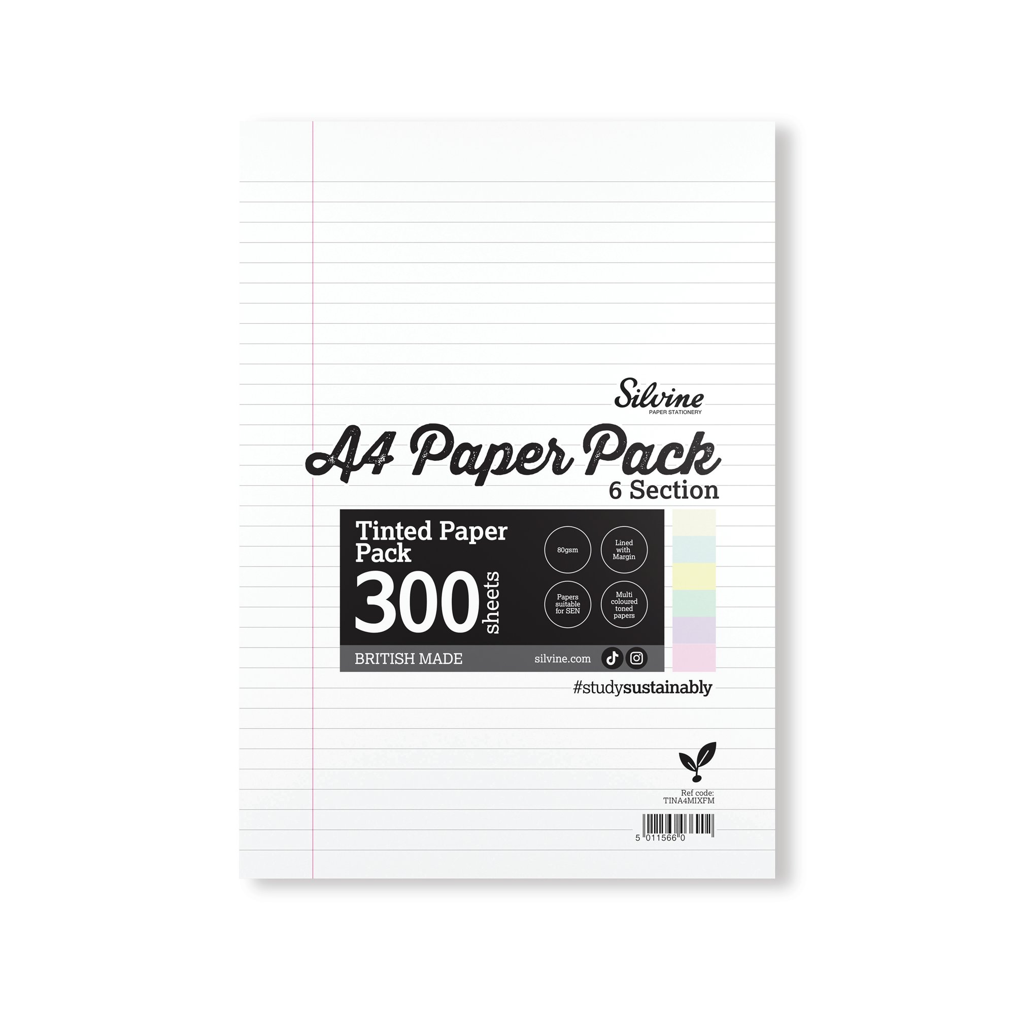 Silvine Tinted Paper SEN/Dyslexia 300 Sheets 6 Colours Ruled A4 (Pack of 5) TINA4MIXFM