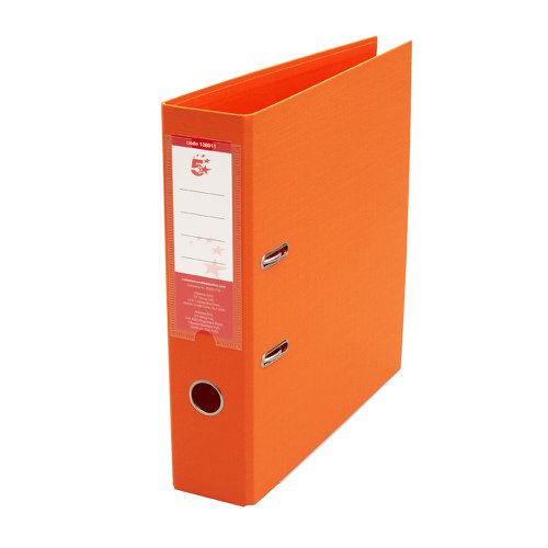 5 Star Office A4 70mm Lever Arch File made of Polypropylene over board and with a reinforced bottom edge for extra durability. The file comes with a clear spine pocket with a label for clear identification, and plastic pockets with inserts.