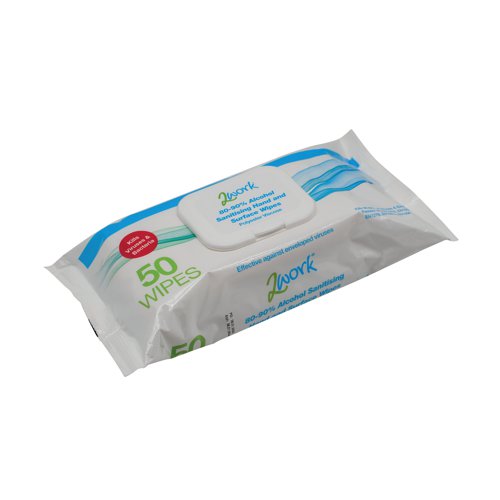 2W03485 2Work Antibacterial Alcohol Hand Wipes Unfragranced (Pack of 50) 2W03485