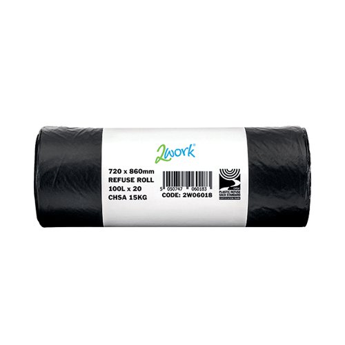 2Work Refuse Sack 100 Litre 20 Bags per Roll (Pack of 10) Black 2W06018 - 2W06018