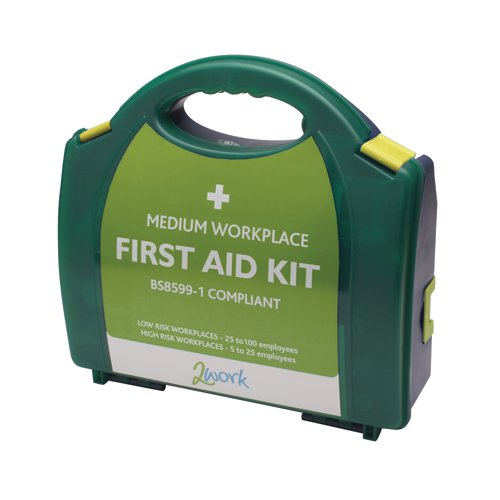 2W99438 | This BSI compliant 2Work first aid kit comes in an easily identifiable green box with an integral carry handle for simple storage and convenient accessibility. The hardwearing box unclips to reveal a range of useful first aid products designed and manufactured to the highest standards to provide comprehensive first aid in the event of an accident or emergency.