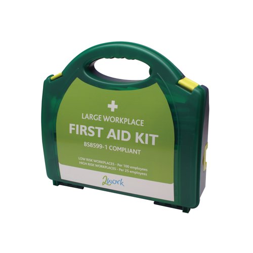 2W99439 | This BSI compliant 2Work first aid kit comes in an easily identifiable green box with an integral carry handle for simple storage and convenient accessibility. The hardwearing box unclips to reveal a range of useful first aid products designed and manufactured to the highest standards to provide comprehensive first aid in the event of an accident or emergency.