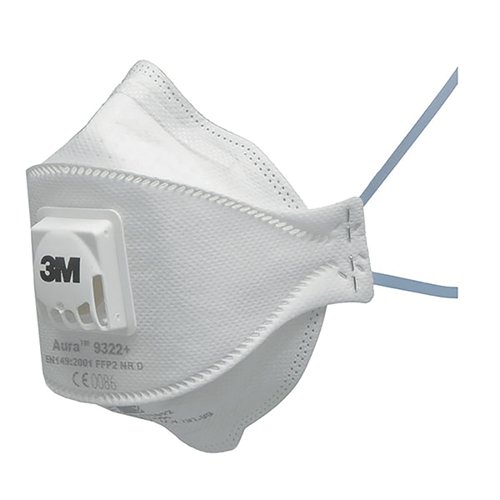 3M Aura 9322+ Flat-Fold Particulate Respirator 3M Aura Disposable Respirator 9322+ provides comfort and style without compromising performance. Protects against dusts and mists found in a wide variety of industrial applications and other work situations requiring FFP2 protection. High Performance Filter Material: 3M Advanced Electret Filter material helps wearers to breathe easily through the respirator for more comfortable protection, 3M Cool Flow Valve: The Cool Flow valve reduces heat build-up inside the respirator - even in hot and humid conditions, Unique 3-panel design: Accommodates greater facial movement during speech, Sculpted nose panel improves compatibility with eyewear, whilst the embossed top panel reduces fogging, Innovative chin tab: For ease of fitting and adjustment of the respirator on the face, Colour-coded headbands offer easy protection level identification - colour coded blue: FFP2 (APF 10), Supplied in hygienic packaging to help protect the respirator from contamination before use, also allows practical storage and dispensing in the workplace, Sculpted nose panel helps conform to the nose and contours of the face and helps to improve compatibility with 3M eyewear, 3M Cool Flow Valve reduces heat and moisture build-up to offer workers comfortable protection - even in hot and humid conditions, Maximum usage level: Up to 12 xTLV CE Approved EN 149:2001+A1:2009 FFP2 NR D.