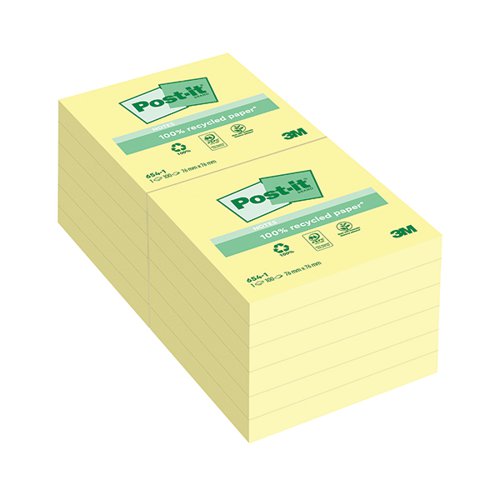 Post-it Notes Recycled 76 x 76mm Canary Yellow (Pack of 12) 654-1Y