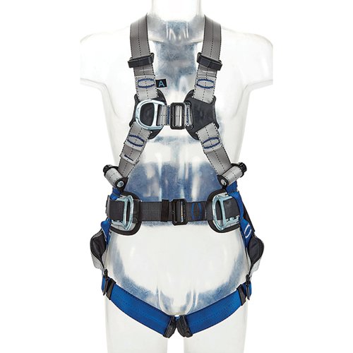 3M DBI-SALA ExoFit XE50 Positioning Safety Harness with pass-through buckles. The 3M DBI-SALA ExoFit XE50 is designed with high-quality components specially developed for enhanced safety and fit while working at heights. Built with durable 26kN polyester webbing and alloy steel hardware, 3M DBI-SALA ExoFit XE50 was created to endure the daily conditions of your job site. Cross Chest Buckle assembly for central front fall arrest attachment point - optimised position on body. Revolving torso adjusters (patented) for quick and easy harness fit and adjustment. Rear Large D-Ring, Front Standard D-Ring, Work Positioning Large Cranked D-Ring attachment points. Waist Padding - Optional comfort padding is available as accessory (order separately). Optional shoulder pads have yoke design to reduce uncomfortable chaffing to the neck. Integrated pSRL tunnel lets you quickly and easily connect and disconnect personal SRLs. Suspension trauma relief straps with low-profile design included. Steel hardware. Equipped with auto-resetting and re-positionable lanyard keepers for fast and easy parking of snap hooks and carabiners. 3M Connected Safety ID (RFID) integrated for simplified inventory, inspection, and record management. Industry: Construction, General Industrial, General Manufacturing, Transportation MaxWeight: 140kg EN358:2019 CE EN361.