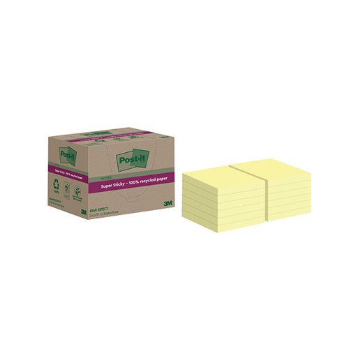 Post-it Super Sticky Recycled 76x76mm Yellow Pack of 12 654 RSS12CY