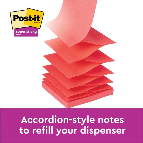 Post-it Z-Notes let you scribble down your thoughts in a flash, making them perfect for use when your hands are full. These accordion style notes are specially designed to work in Post-it Note Dispensers. The most convenient way to instantly make a note, send a message or leave a reminder, these super sticky notes are perfect for vertical or hard to stick surfaces such as computer monitors, doors and walls. They hold stronger and last longer with twice the sticking power compared to Post-it Original notes. Made from PEFC certified paper and packaged in recycled cardboard which can be used to store the notes, and then be recycled when no longer needed. Download the free Post-it App to instantly capture and save your work so you can share notes with your team.