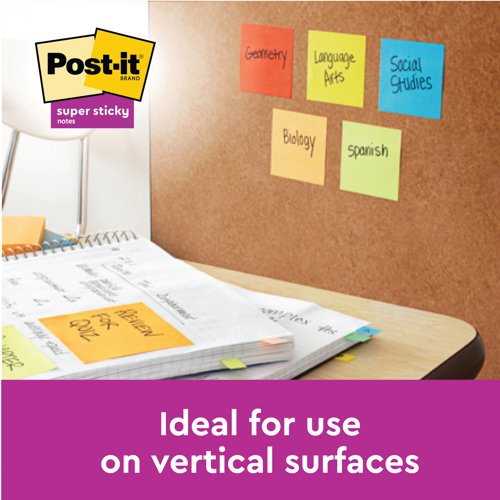 The most convenient way to instantly make a note, send a message or leave a reminder, these super sticky notes are perfect for vertical or hard to stick surfaces such as computer monitors, doors and walls. They hold stronger and last longer with twice the sticking power compared to Post-it Original notes. Made from PEFC certified paper and packaged in recycled cardboard which can be used to store the notes, and then be recycled when no longer needed. Download the free Post-it App to instantly capture and save your work so you can share notes with your team.