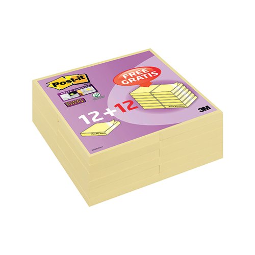 Post-it Super Sticky Notes 76x76mm Canary Yellow 90 Sheets 12+12 FREE (Pack of 24) 654SSCYP12+12