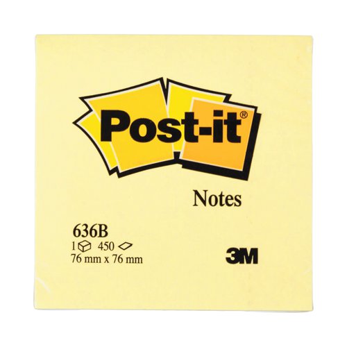 Post-it Note Cube 76x76mm Canary Yellow 450 Sheets 636B - 3M - 3M23162 - McArdle Computer and Office Supplies