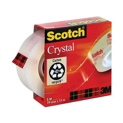 Scotch Crystal Tape features a long lasting adhesive and a glossy, clear finish, which is ideal for gift wrapping and paper repairs. This pack contains 1 roll of tape measuring 19mm x 33m.