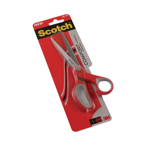 These premium Scotch scissors feature sharp, hardened stainless steel blades for enhanced cutting performance. Designed for both left and right handed use, the 180mm scissors also feature comfortable, red soft grip handles and have a blade length of 90mm. This pack contains 1 pair of scissors for home or office use.