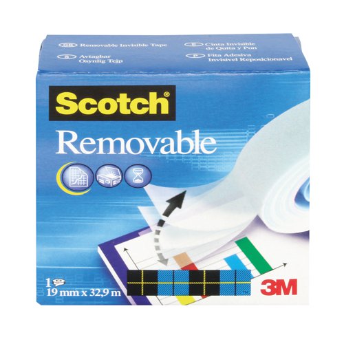 Scotch Removable Magic Tape is a long lasting, solvent-free tape that can be repositioned and removed at any time. It is designed not to yellow or dry out with age. The tape is invisible when applied, making it perfect for repairs to torn paper or wrapping packages attractively. The surface can be written on, which is ideal for adding labels or notices to parcels. This pack contains one roll of tape measuring 19mm x 33m.