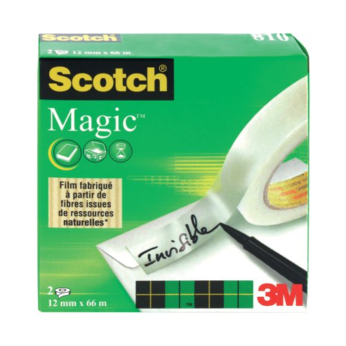 Scotch Magic Tape is a long lasting, solvent-free tape that is designed not to yellow or dry out with age. Virtually invisible when applied, this tape is perfect for repairs to torn paper or wrapping packages attractively. The matte surface can be written on, which is ideal for adding labels or notices to parcels. This pack contains 2 rolls measuring 12mm x 66m.
