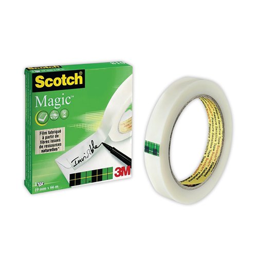 Scotch Magic Tape is a long lasting, solvent-free tape that is designed not to yellow or dry out with age. Virtually invisible when applied, this tape is perfect for repairing torn paper or wrapping packages attractively. The matte surface can be written on, which is ideal for adding labels or notices to parcels. This pack contains 1 roll of tape measuring 19mm x 66m.