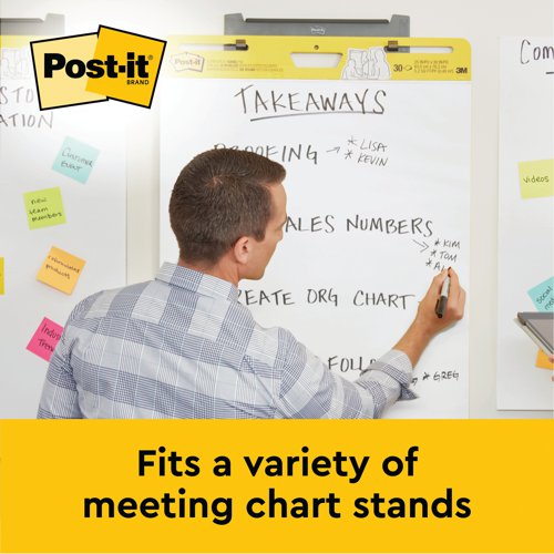 Designed to fit most easels, this Post-it Meeting Chart contains 30 sheets of premium, bright white paper, which is designed for minimum ink bleed through. The adhesive sheets stick firmly to most surfaces and remove cleanly. Ideal for meetings, training, brainstorming and more, the meeting chart measures 775 x 635mm. This pack contains 2 meeting charts.