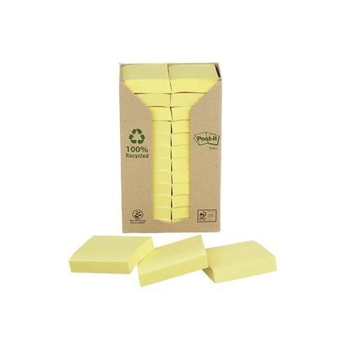Post-it Recycled Notes 38x51mm 100 Sheets Canary Yellow (Pack of 24) 653-1T Repositional Notes 3M72301