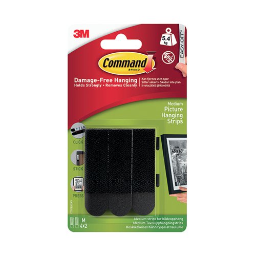 3M Command Medium Picture Hanging Strips Black (Pack of 4) 17201BLK 3M91484 Buy online at Office 5Star or contact us Tel 01594 810081 for assistance