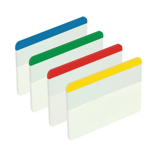 3M93620 | These Post-it Index Flat Filing Tabs provide an easy way to mark and highlight important information in an instant. With Post-it removable adhesive, you can easily apply, remove and readjust the index tabs as necessary, whether you're highlighting parts of a document or marking relevant pages in a book. The extra large tabs measure 50.6 x 38mm (2 x 1.5 inch), providing a larger area to write on. The durable, extra thick tabs are designed for long lasting use. This pack contains 24 index tabs with blue, yellow, red and green coloured tips.
