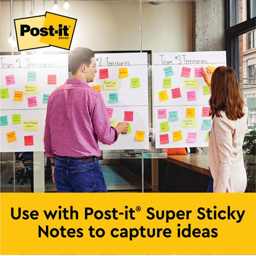This Post-it easel pad contains 30 self stick sheets of premium, bright white paper, which resists ink bleed through for professional presentations and collaborative work. The Super Sticky adhesive is designed to adhere to most surfaces and can be repositioned and removed cleanly. The pad comes on a sturdy backboard with a convenient handle for transportation and slots to fit most easel stands. This versatile pad measures 635 x 762mm. This pack contains 6 plain white pads.