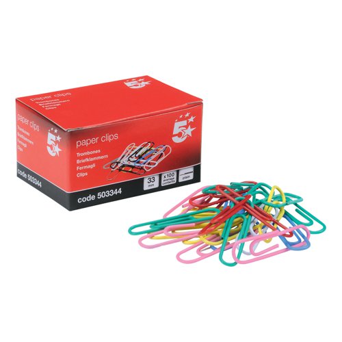 5 Star Office Paperclips Metal Plain Large Length 30mm Assorted Colours (Pack of 10)