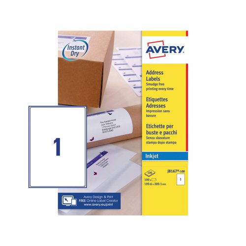 For use with inkjet printers, these Avery parcel labels feature QuickDry technology for smudge free printing. Each white label measures 199.6 x 289.1mm. This pack contains 100 A4 sheets, with 1 label per sheet (100 labels in total). Redeem an Avery voucher or a shopping voucher worth up to £15! (averyrewardsclub.co.uk).