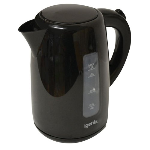 MK52196 | This Igenix black 3kW jug kettle has a 1.7 litre capacity and convenient cordless design for ease of use. The rapid boil kettle features a large water level window for quick identification and a blue LED power light.