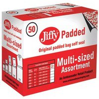 These durable, lightweight Jiffy padded bags feature tough, puncture resistant outer paper with a 100% recycled paper fibre lining. The bags have a doubled glued bottom flap and no side seams for extra protection in transit and are also 100% recyclable. This assorted pack contains 10 each of size 0, 1, 3, 5 and 7.