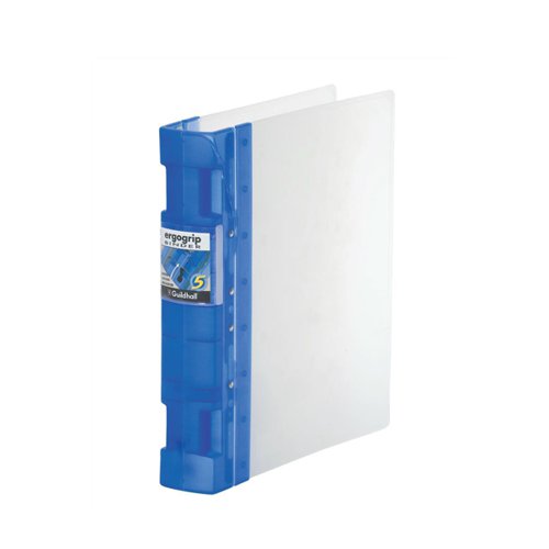 Suitable for filing A4 documents, this heavy duty Guildhall GLX Ergogrip ring binder features a wide 4 ring mechanism and 55mm spine with double recesses for easy handling. Designed for frequent use, the binder features durable, 100% recyclable polypropylene covers which are extra wide to keep A4 punched pockets protected. Ideal for colour coordinated filing, the binder has frosted covers with a bright blue spine. This pack contains two A4 binders.
