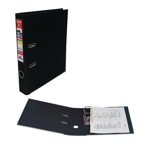 This Esselte lever arch file features a 50mm spine, which can hold up to 350 sheets of 80gsm A4 paper. The file also features durable polypropylene covers, a metal thumb hole for easy retrieval from a shelf and metal edges for long lasting use. This pack contains 10 black lever arch files.