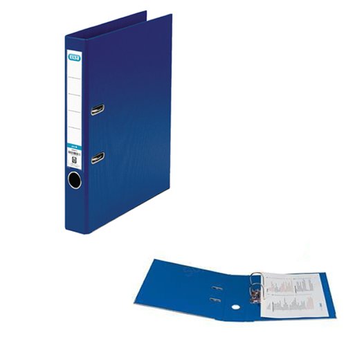 This Elba premium quality plastic A4 file contains a standard lever arch mechanism with a 50mm capacity. The file features a front cover lock to keep the file securely closed. The file also features durable metal shoes and a thumb hole for easy retrieval from a shelf. This pack contains 1 blue A4 lever arch file.
